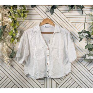 Zara Top Womens WHITE Linen Button Front Cropped Coastal Collar Beach Sz Medium
